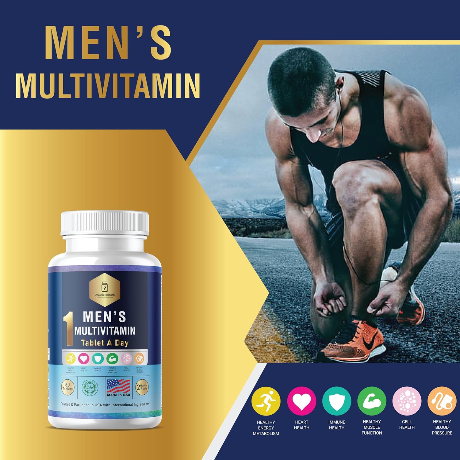 Men's Organic Daily Multivitamin & Multimineral Supplement for Enhanced Energy - Effortless Multi Vitamin with 60 Tablets