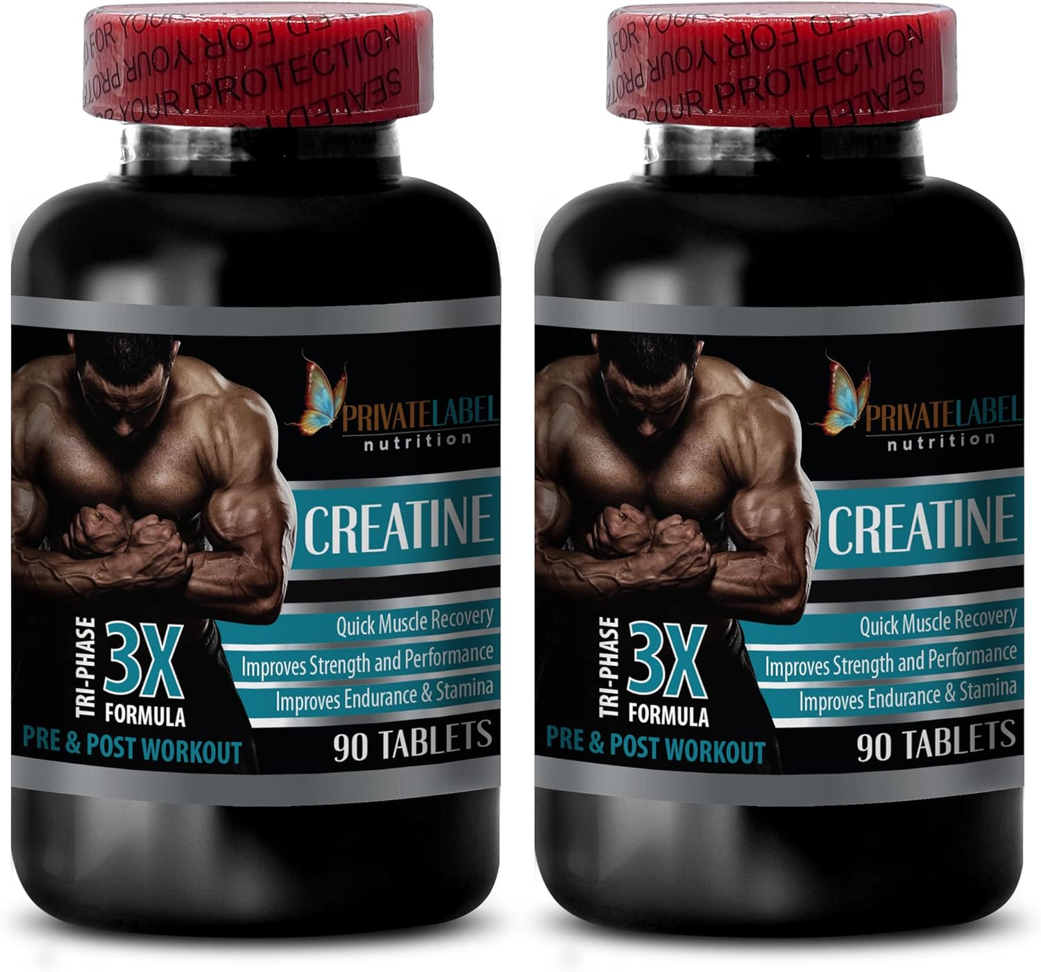 Men's Private Label CREATINE TRI-Phase Muscle Building Supplements - 3X Formula for Pre & Post Workout - 2 Bottles (180 Tablets) - creatine monohydrate Pills