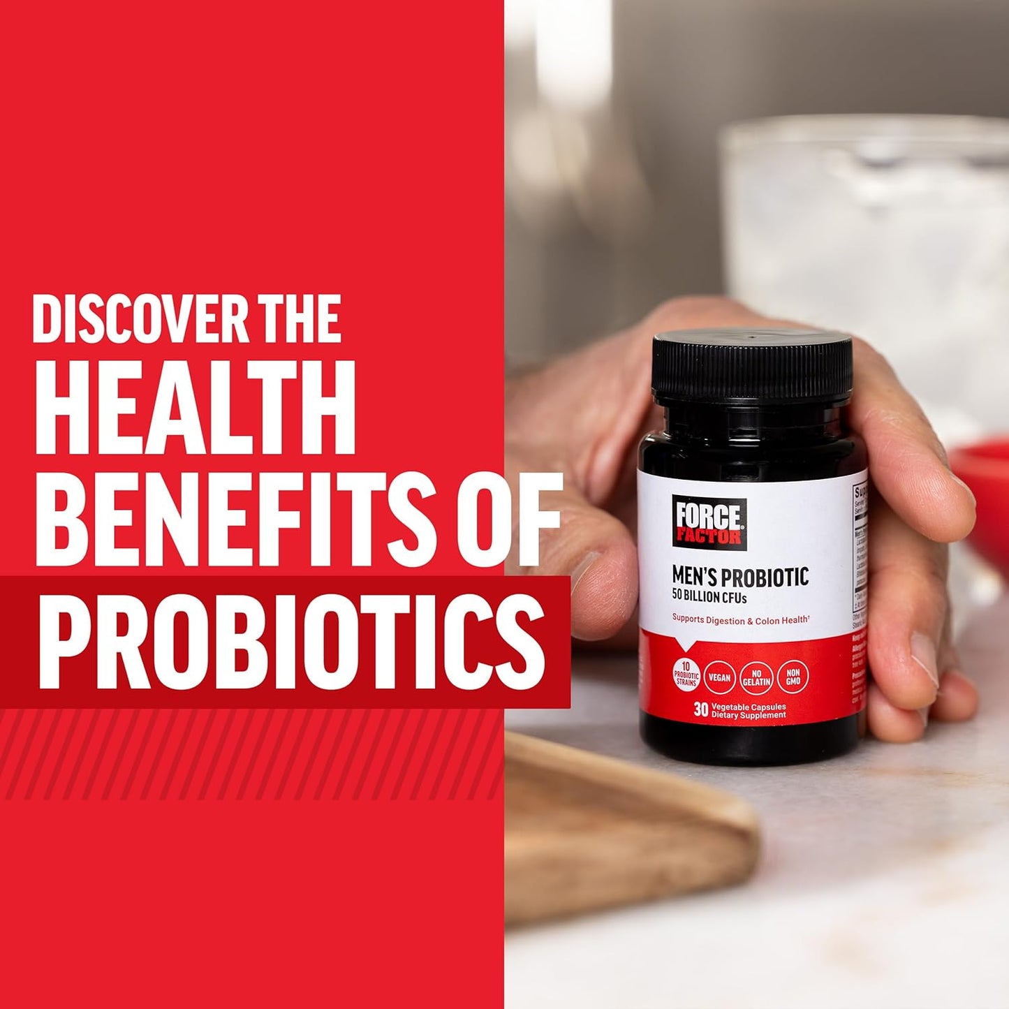 Men's Probiotic Supplement with 50 Billion CFUs and 10 Strains for Gut Health - Non-GMO, Vegan, 30 Capsules