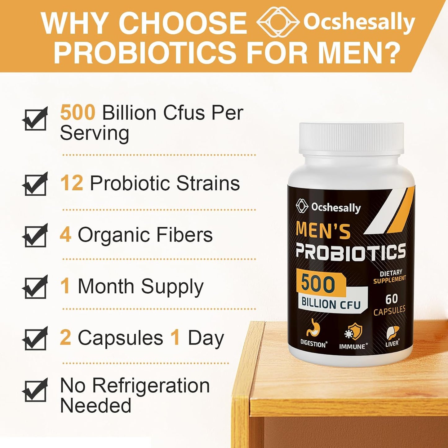 Men's Probiotic Supplement with 500 Billion CFUs & 12 Strains, Turmeric, Cranberry, Goji - Digestive, Immune, Urinary Tract Health - 60-Day Supply