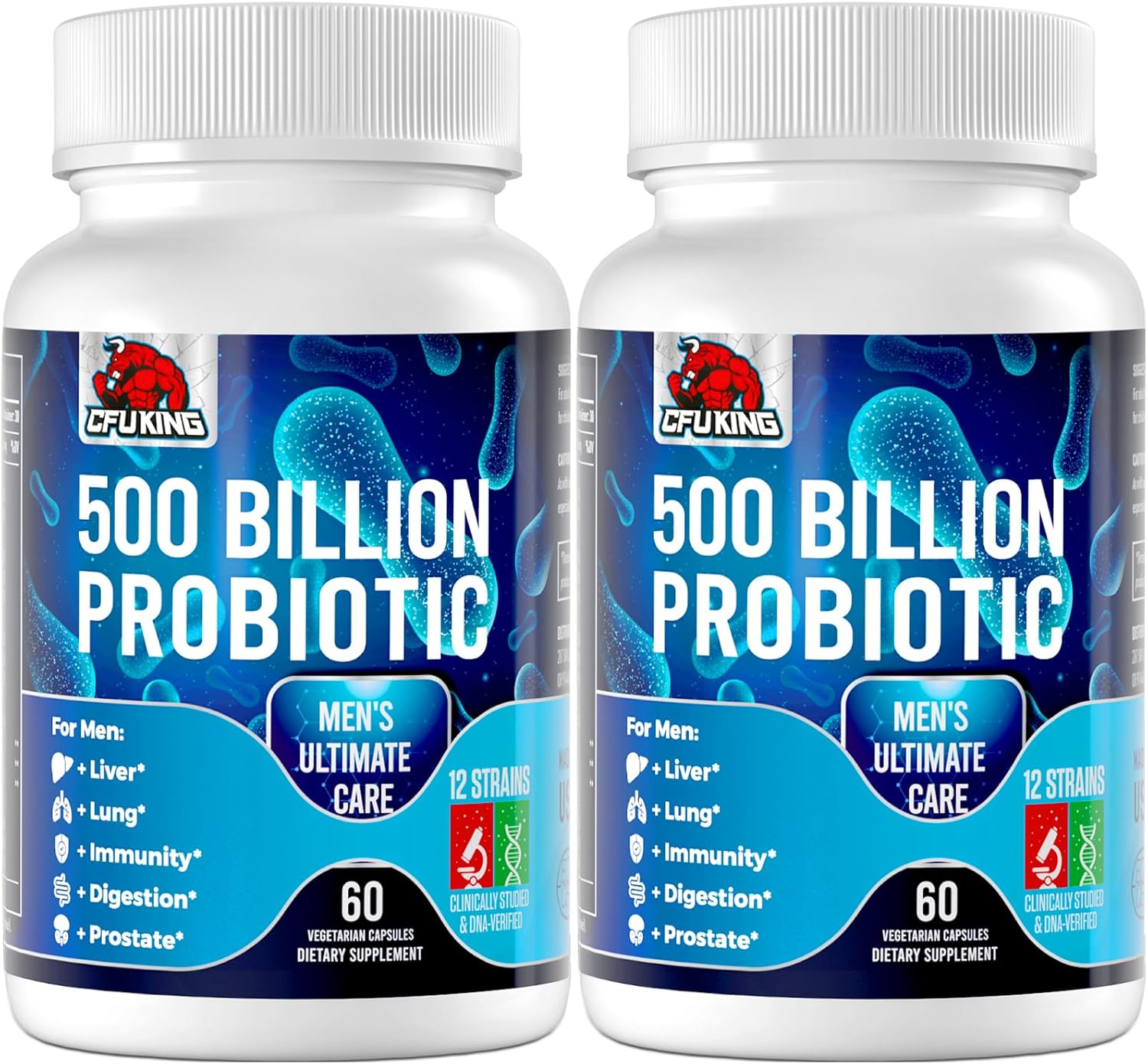 Men's Probiotic with 500 Billion CFU, 12 Strains, 4 Prebiotic Fiber - Digestive & Immune Support (120 Capsules)