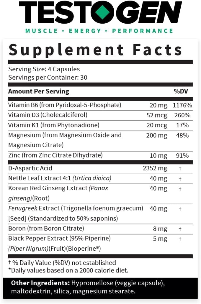 Men's TestoGen Booster - Natural Supplement for Vitality, Energy, Weight Control, Muscle Growth, and Focus - 3 Month Supply