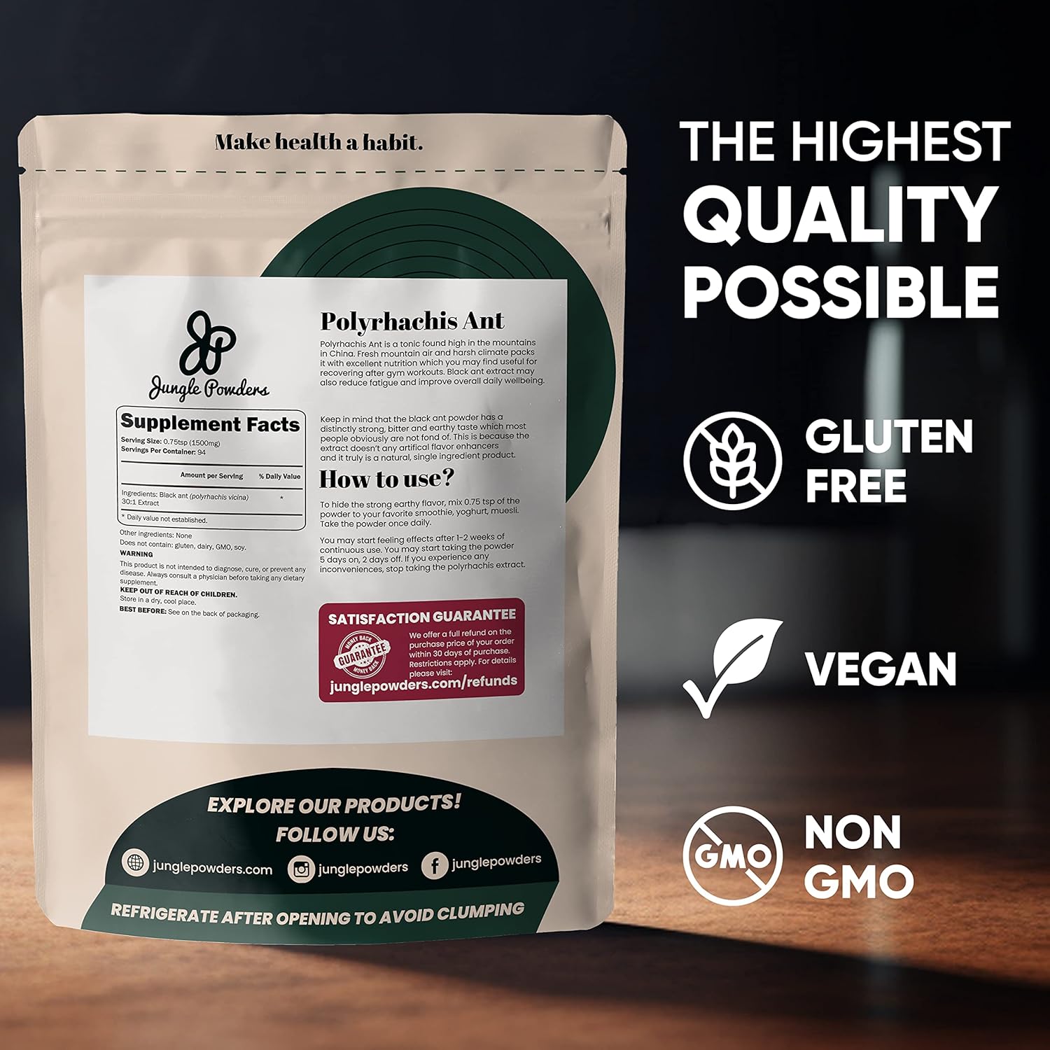 Men's Traditional Health Support Powder - Fadogia Agrestis & Black Ant Extract 50:1 & 30:1 Ratio, 313 Servings, 5oz - Boost Drive & Passion