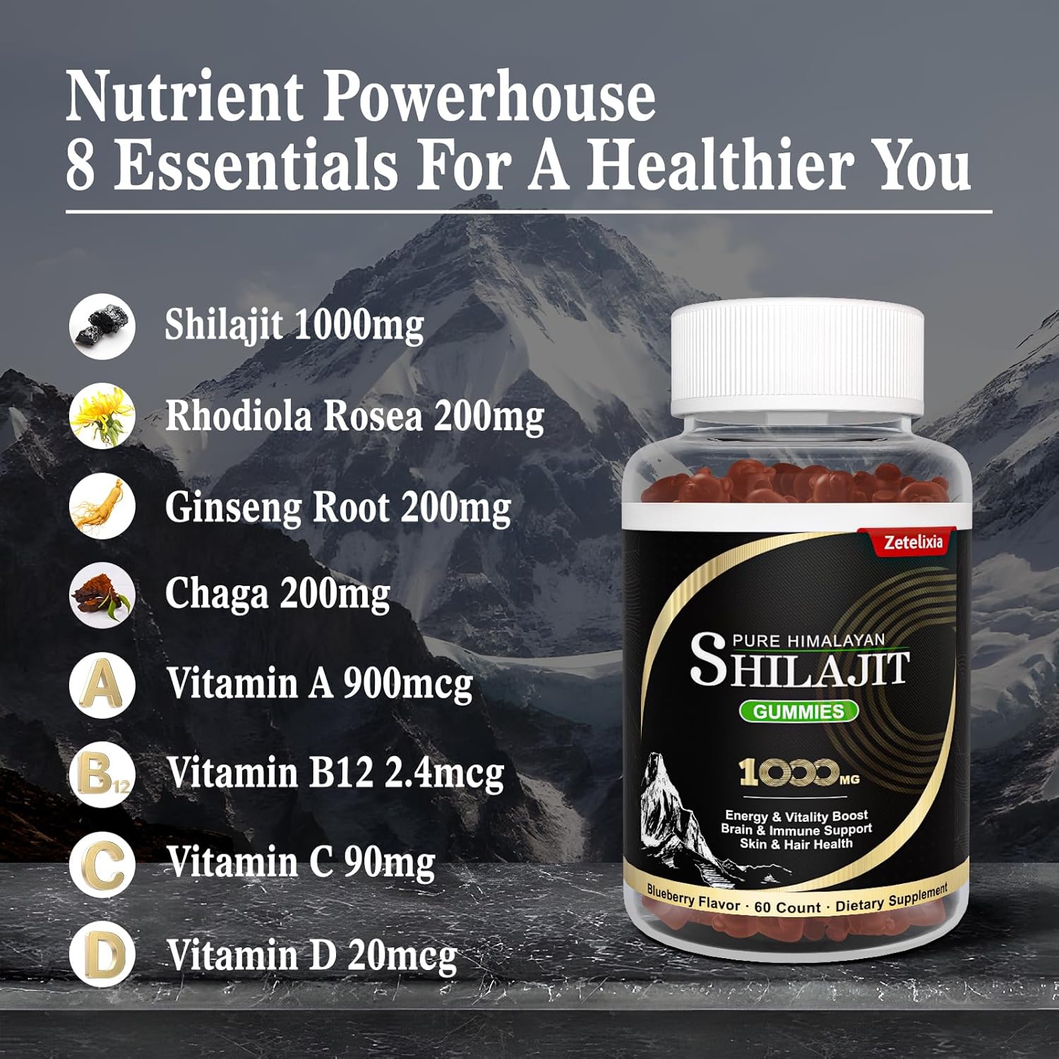 Men's Vegan Shilajit Gummies with 85+ Trace Minerals & Fulvic Acid - Energy, Brain, Immunity Support - Non-GMO, Sugar Free, Travel Size - 60 Count