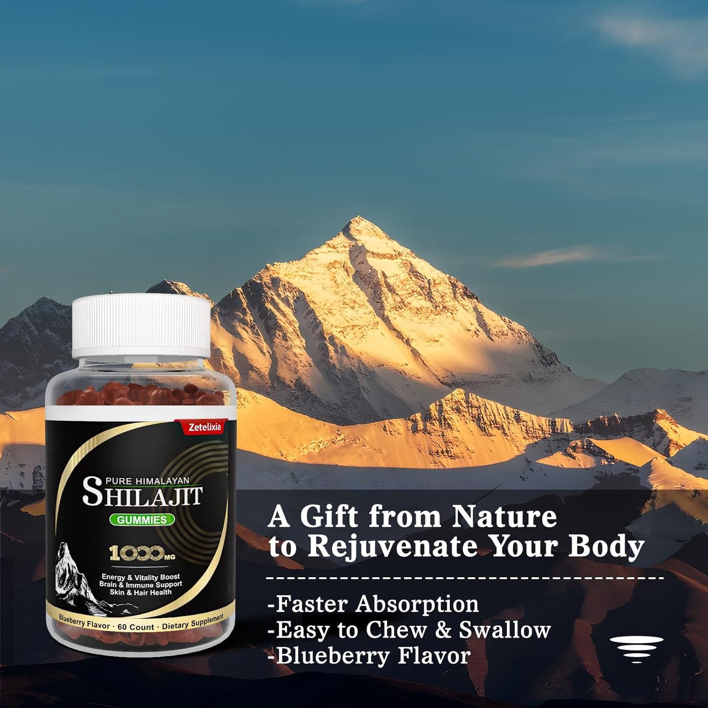 Men's Vegan Shilajit Gummies with 85+ Trace Minerals & Fulvic Acid - Energy, Brain, Immunity Support - Non-GMO, Sugar Free, Travel Size - 60 Count