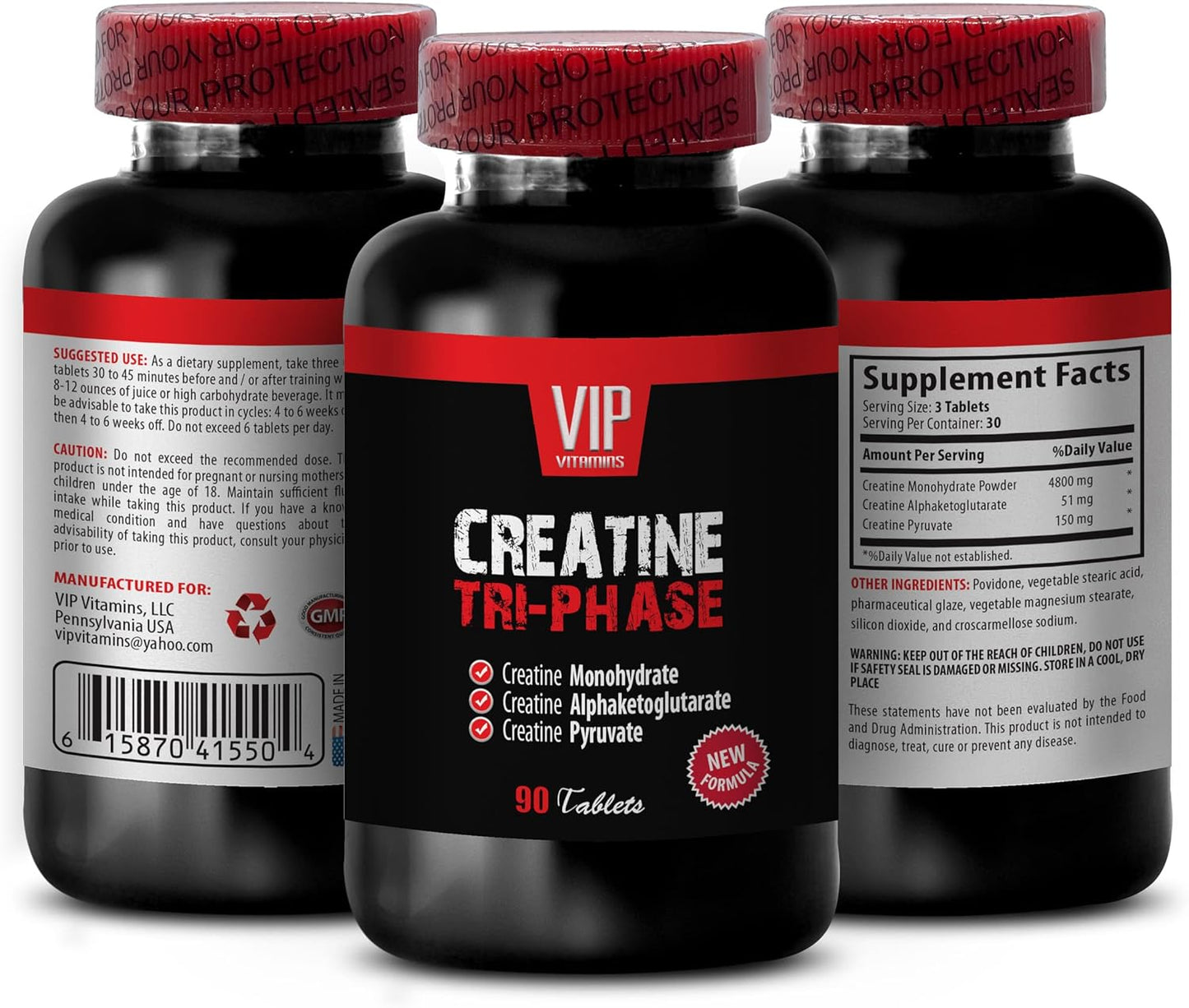 Men's VIP CREATINE TRI-Phase Bodybuilding Supplements - 3X Monohydrate Pills for Muscle Gain and Recovery - Unflavored HCL Formula - 90 Tabs