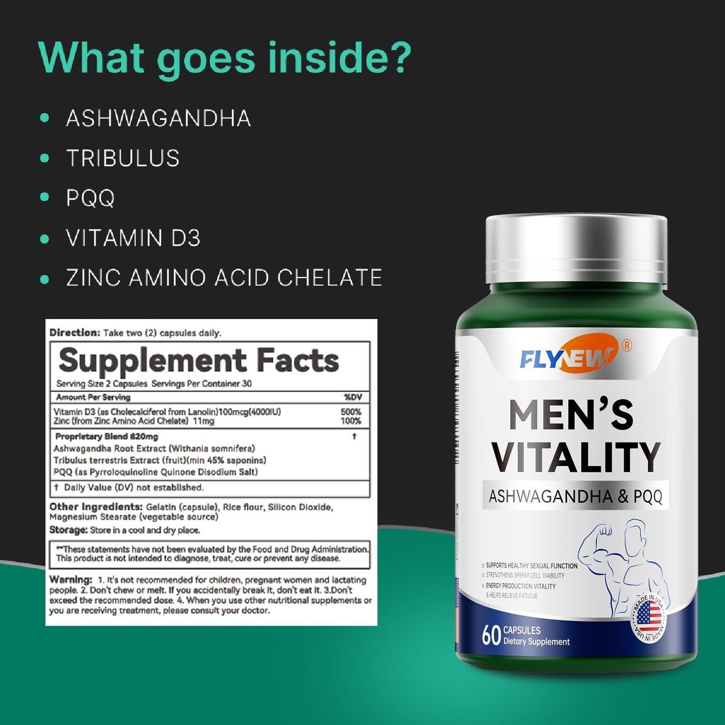 Men's Vitality & Energy Booster with Ashwagandha, PQQ, Tribulus Terrestris Extract, Vitamin D3 - 60 Capsules, USA Made