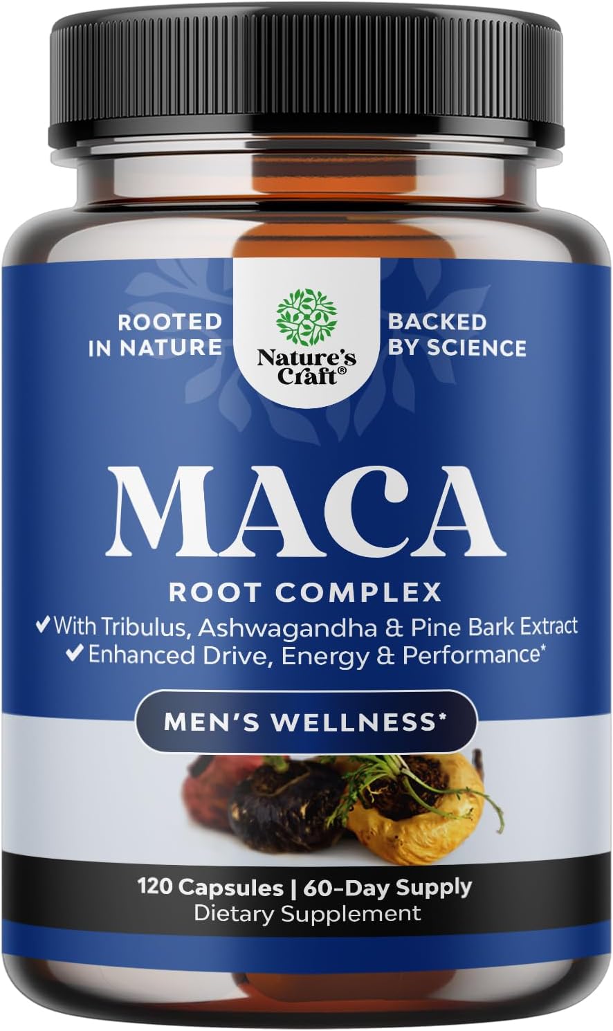 Men's Wellness Supplement with Black Maca Root, Siberian Ginseng, and Ashwagandha - Herbal Capsules for General Health - 60 Servings