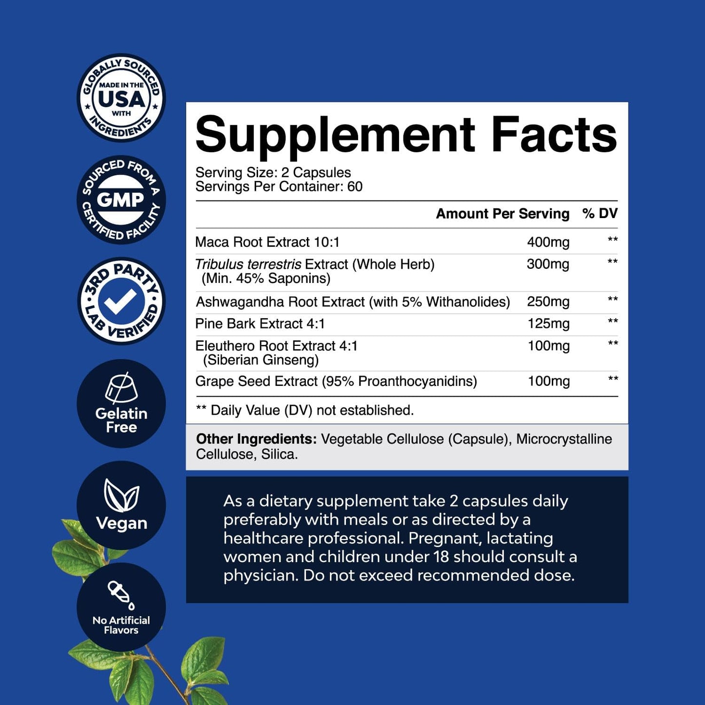 Men's Wellness Supplement with Black Maca Root, Siberian Ginseng, and Ashwagandha - Herbal Capsules for General Health - 60 Servings