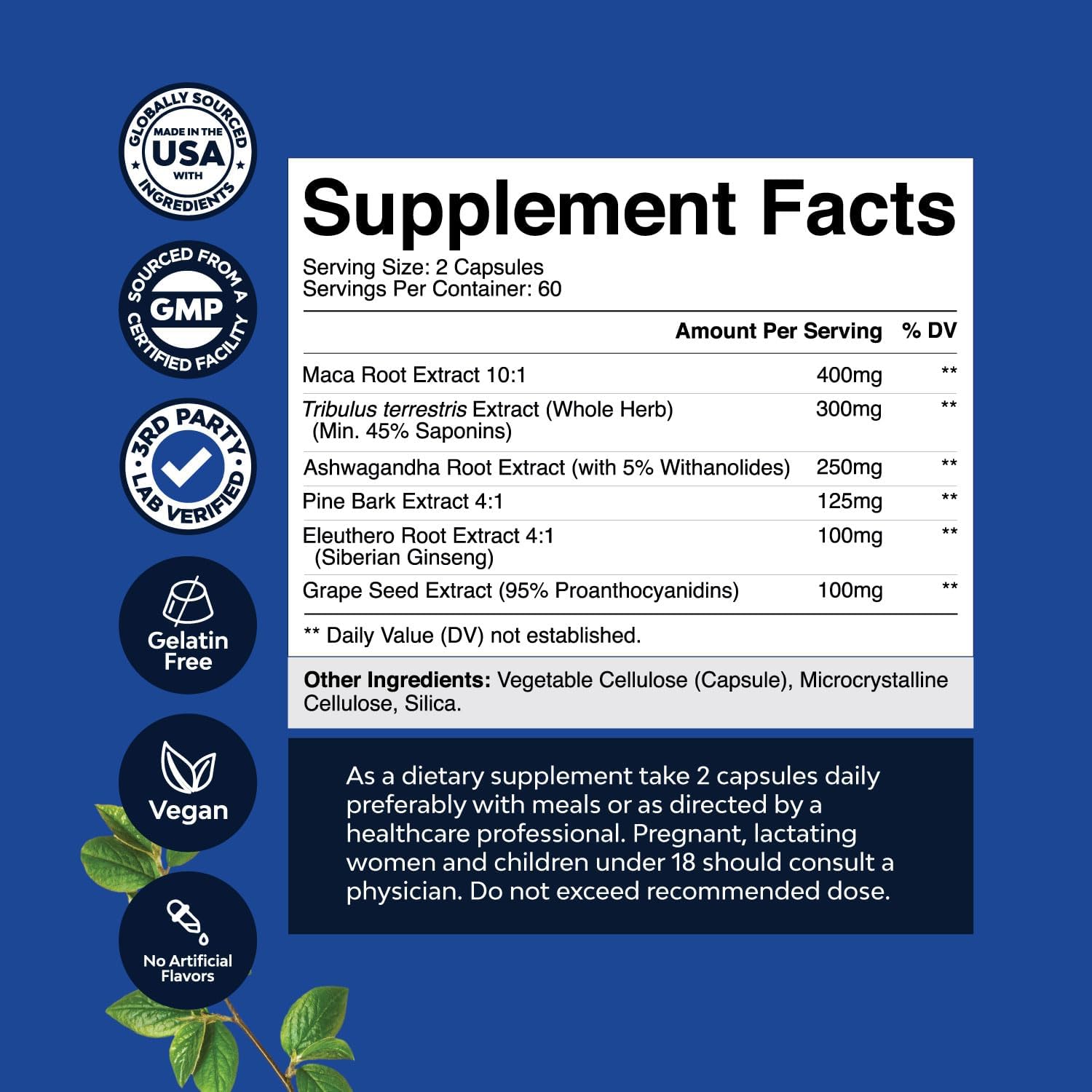 Men's Wellness Supplement with Black Maca Root, Siberian Ginseng, and Ashwagandha - Herbal Capsules for General Health - 60 Servings