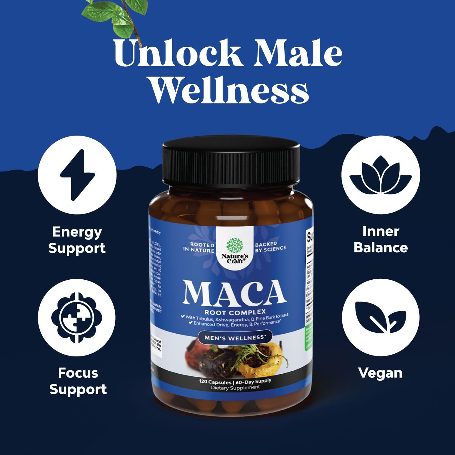 Men's Wellness Supplement with Black Maca Root, Siberian Ginseng, and Ashwagandha - Herbal Capsules for General Health - 60 Servings