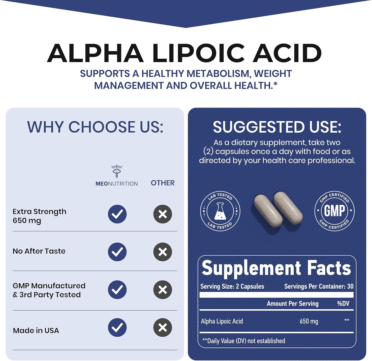 Meo Nutrition Alpha Lipoic Acid Capsules - 650mg, 60 Count - Non-GMO, Gluten-Free, GMP Certified - Antioxidant & Metabolic Support - USA Made