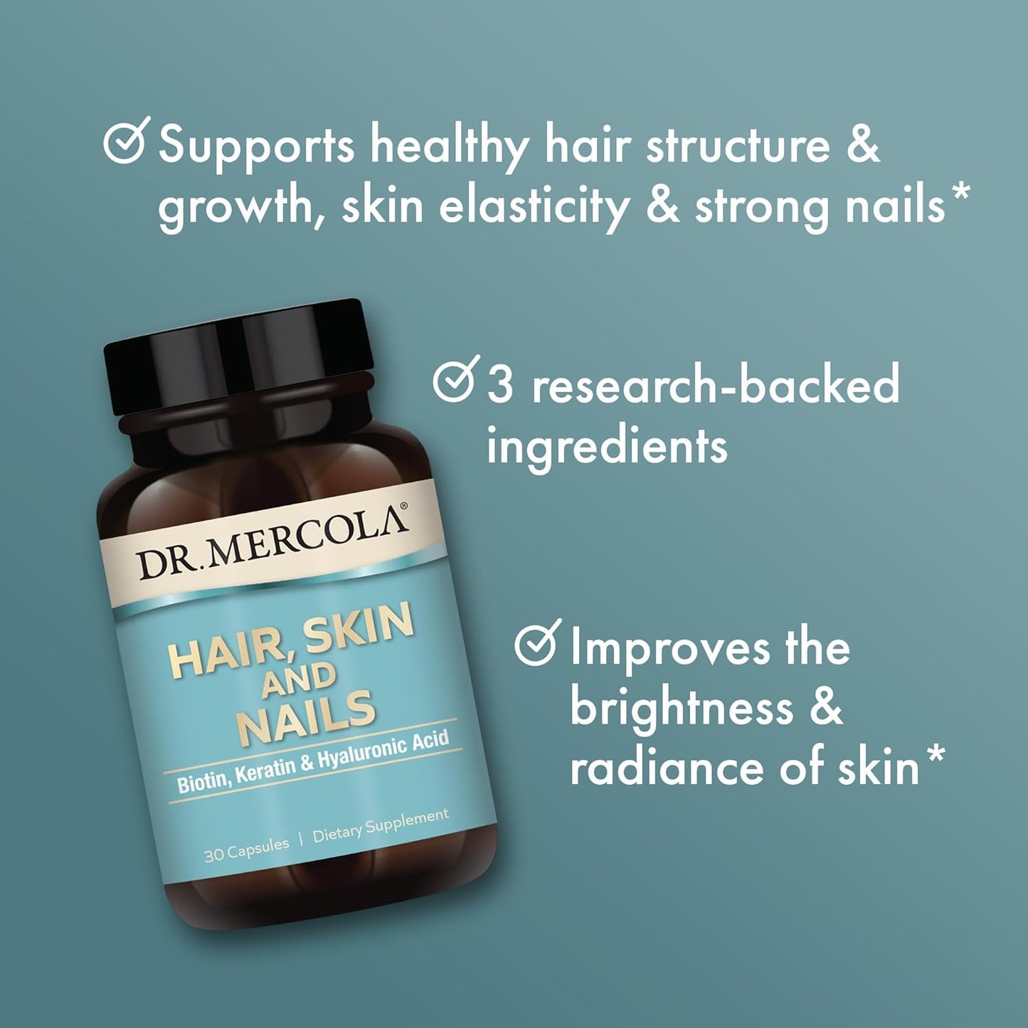 Mercola Hair, Skin and Nails Dietary Supplement with Biotin, Keratin & Hyaluronic Acid - 30 Capsules, Non-GMO Formula for Youthful Appearance
