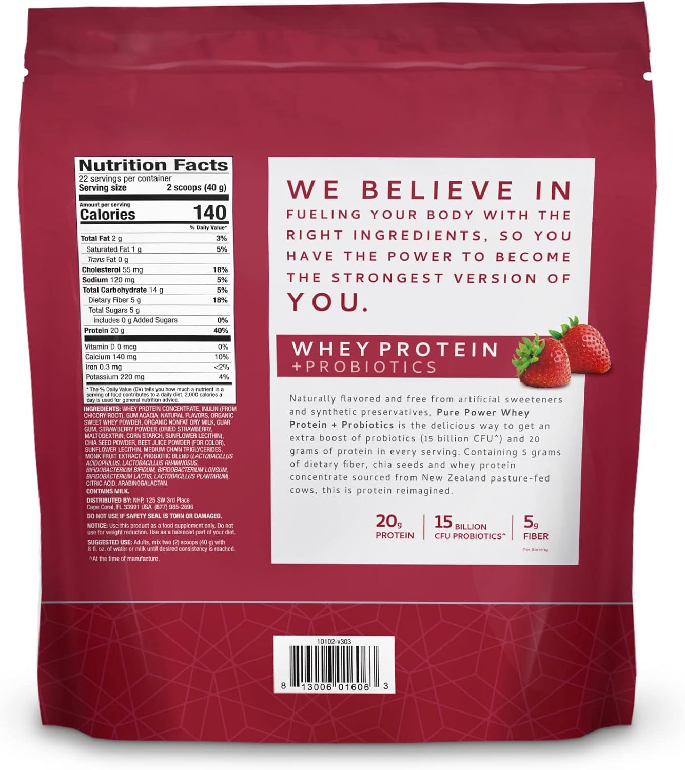 Mercola Pure Power Whey Gusset, Strawberry Flavor, 22 Servings, 1 lb 15 oz, Non-GMO, Gluten-Free, Soy-Free