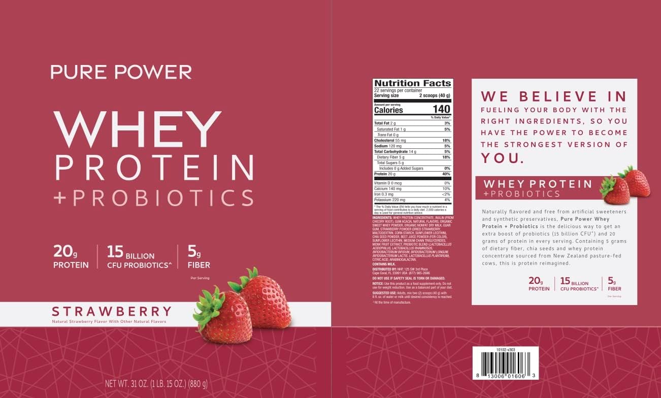 Mercola Pure Power Whey Gusset, Strawberry Flavor, 22 Servings, 1 lb 15 oz, Non-GMO, Gluten-Free, Soy-Free