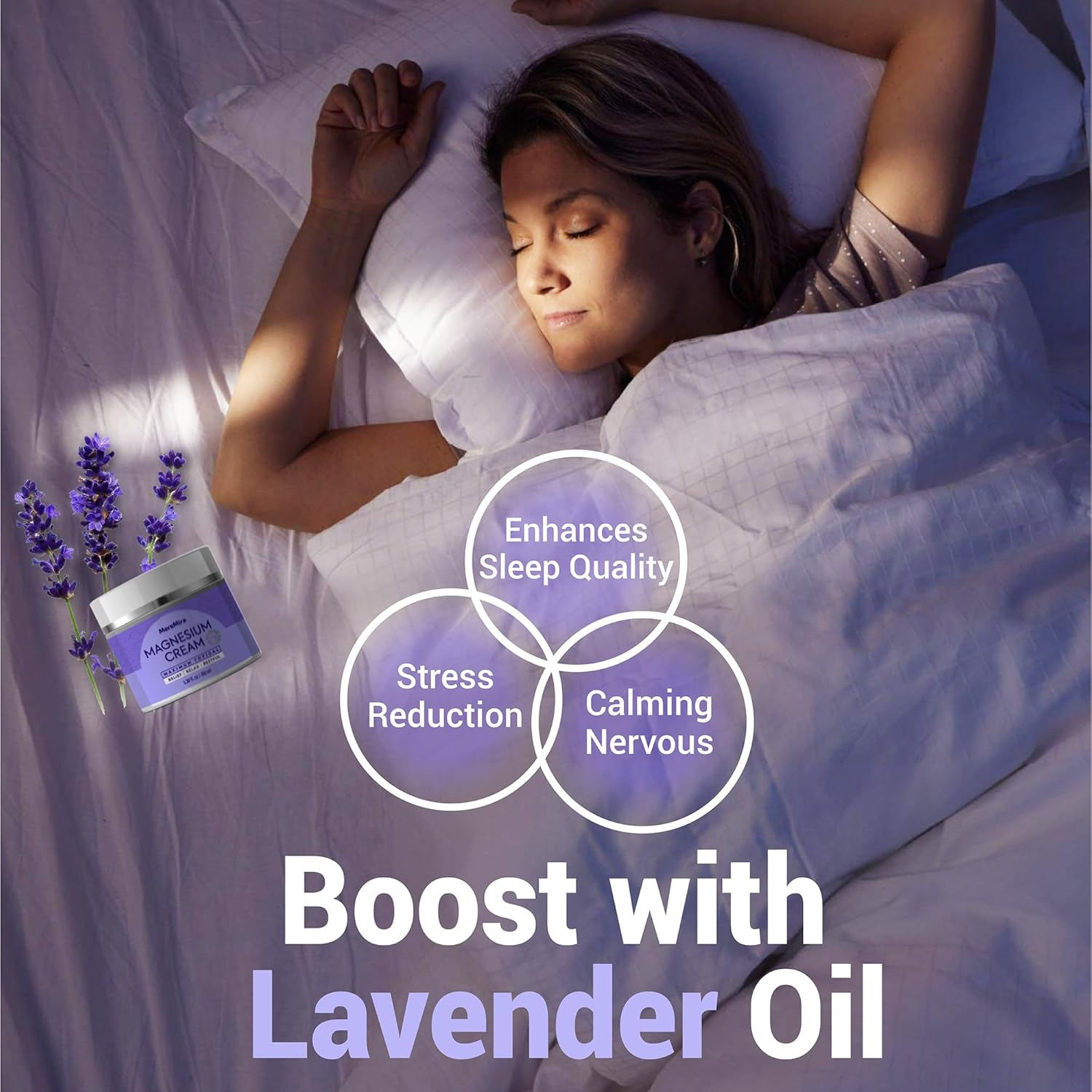 MereMira Lavender Magnesium Cream: Nighttime Muscle Relief & Sleep Aid - Restless Leg & Joint Care Lotion - Deep Relaxation Formula - 3.38 Fl Oz