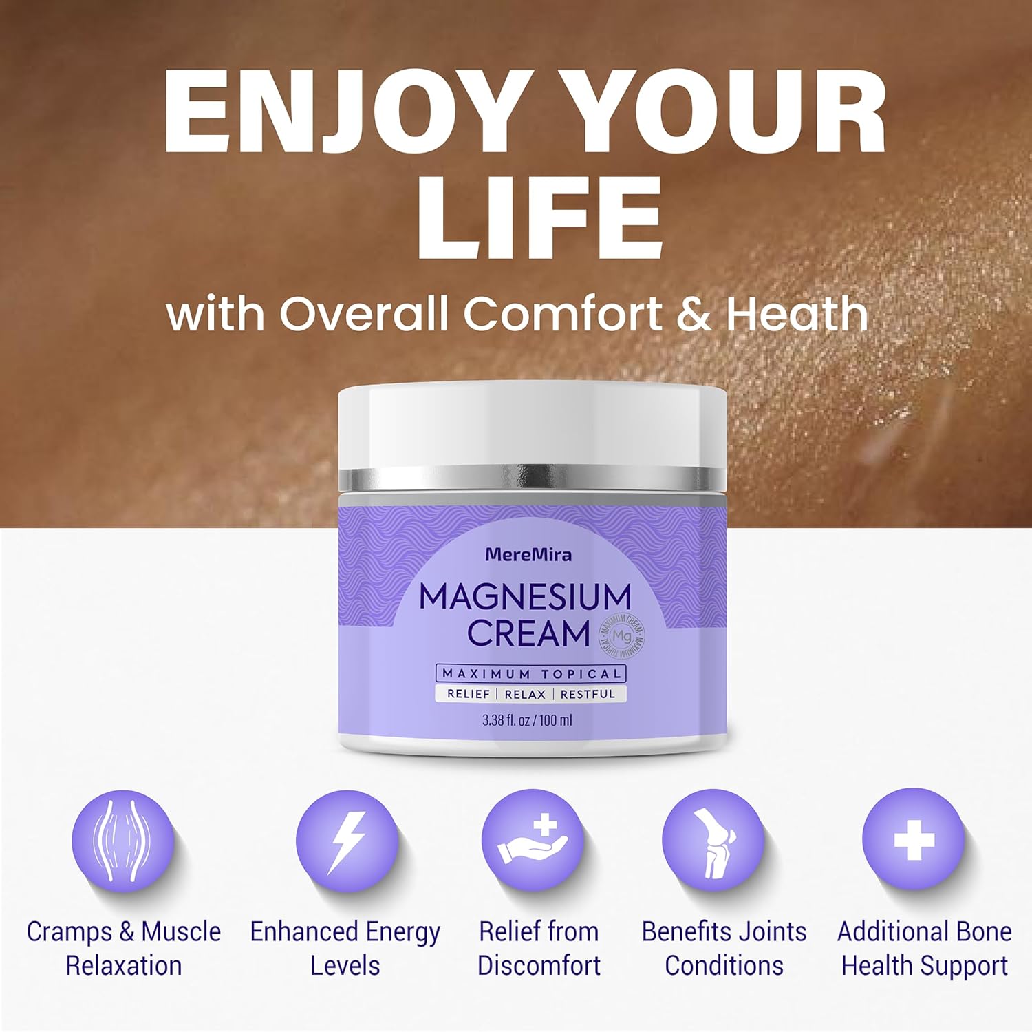 MereMira Lavender Magnesium Cream: Nighttime Muscle Relief & Sleep Aid - Restless Leg & Joint Care Lotion - Deep Relaxation Formula - 3.38 Fl Oz