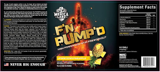 Merica Labz F'N Pump'D Stimulant-Free Pre-Workout Powder - Nitric Oxide Booster with Upside Down Pineapple Flavor - 20 Servings