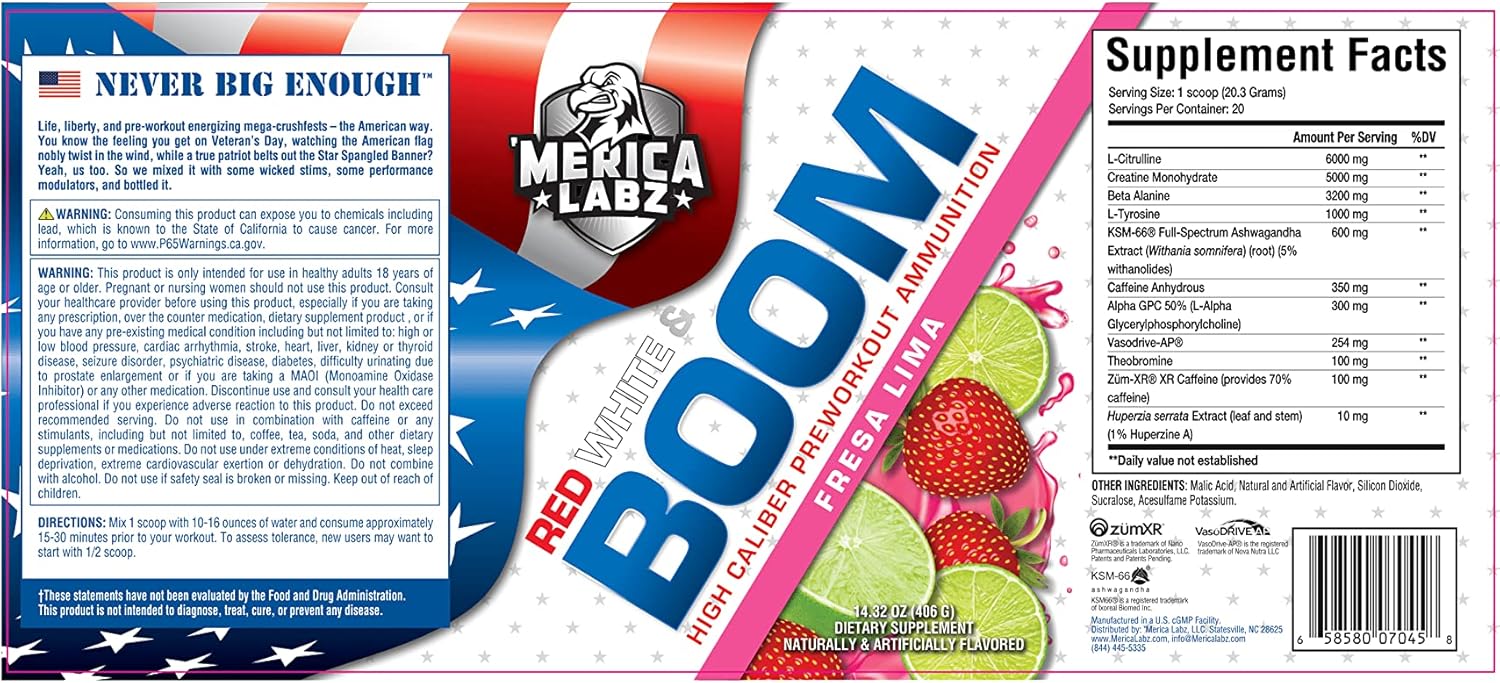Merica Labz Red, White, and Boom Pre Workout with VasoDrive-AP®, 350mg Caffeine, Max Energy and Pump, 20 Servings
