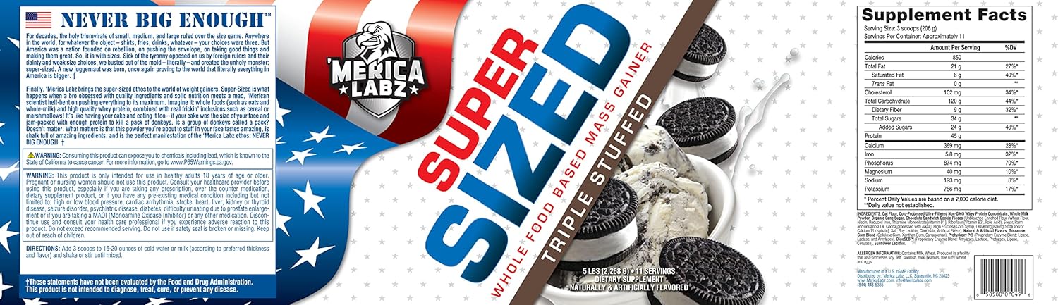 Merica Labz Super Sized Mass Gainer with 46g Protein & Digestive Enzymes, 5 lbs (Triple Stuffed)