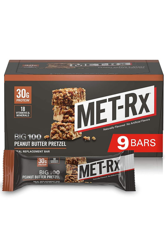 MET-Rx Big 100 Colossal Protein Bars - Peanut Butter Pretzel Flavor, 100g (Pack of 9) - Packed with Vitamins A, C, and Zinc for Energy Support and Healthy Meal Replacement