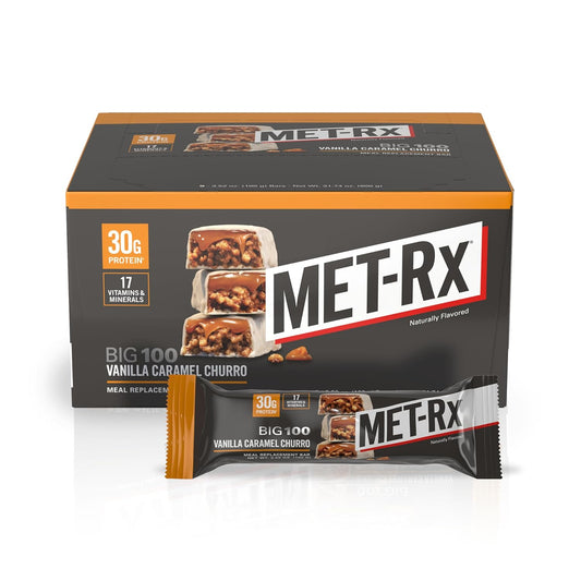 MET-Rx Big 100 Colossal Vanilla Caramel Churro Protein Bars, Meal Replacement Bars - 9 Count