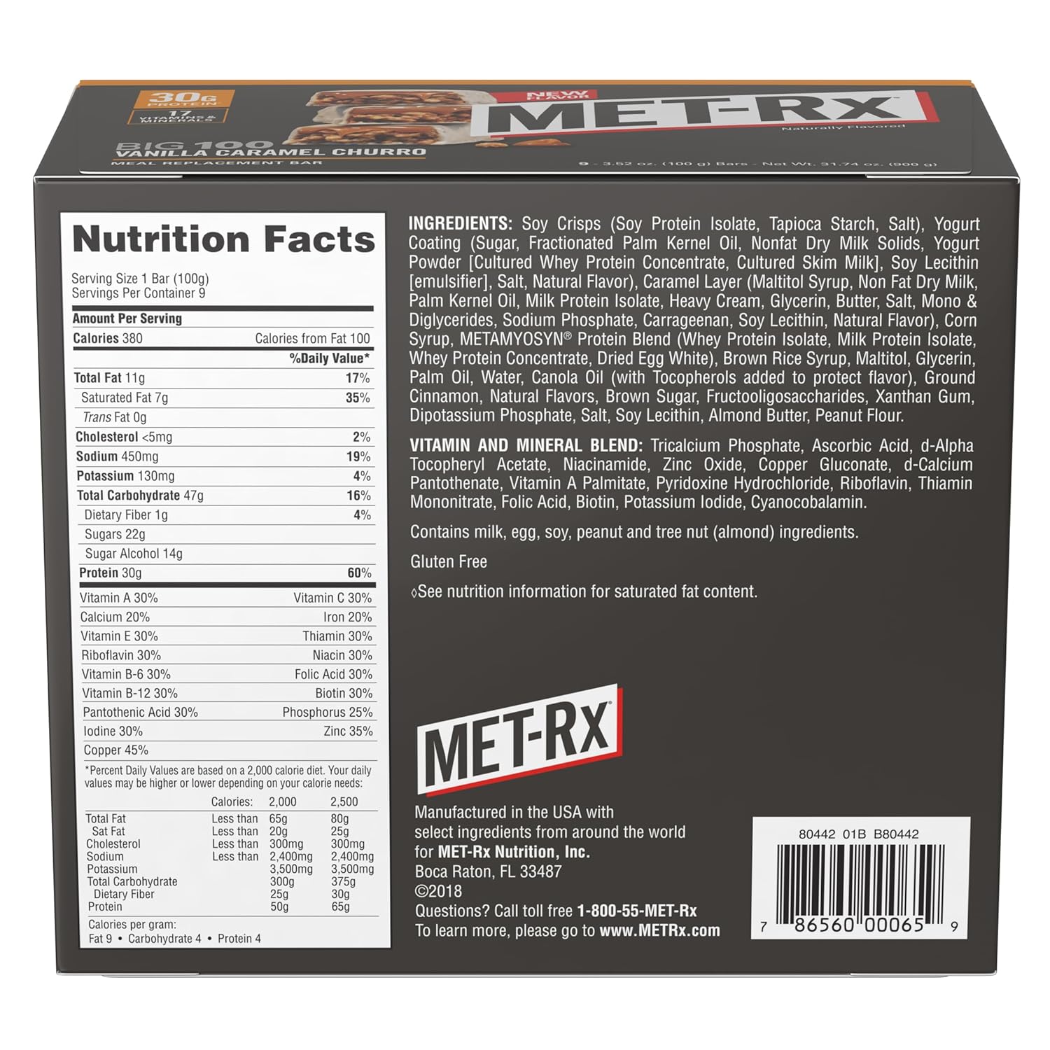 MET-Rx Big 100 Colossal Vanilla Caramel Churro Protein Bars, Meal Replacement Bars - 9 Count