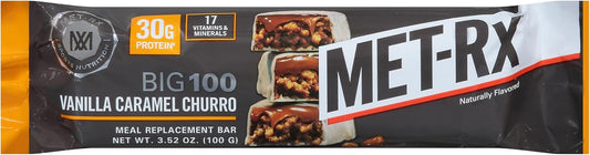 Met-Rx Big 100 Protein Bar - Vanilla Caramel Churro Flavor with High Protein and Essential Nutrients for Post-Workout Recovery