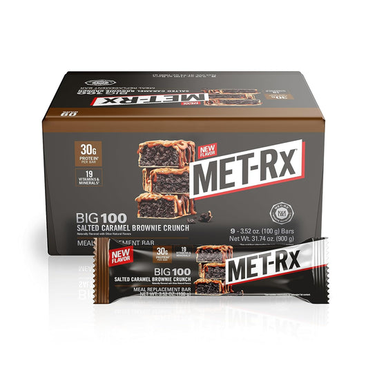 MET-Rx Big 100 Salted Caramel Brownie Crunch Protein Bars, 30g Protein, Meal Replacement, 9 Count, 3.52 Oz - Pack of 9