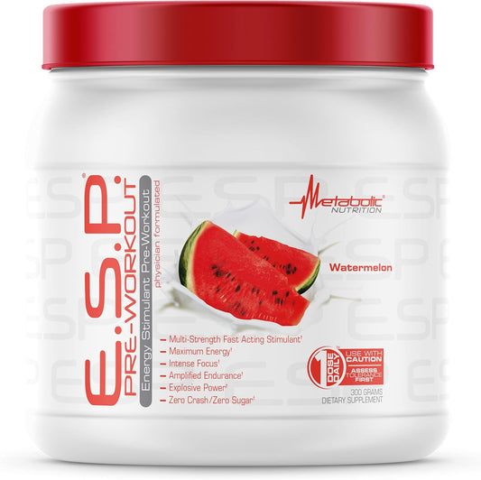 Metabolic Nutrition ESP Pre Workout Supplement - Energy Boost, Endurance, Mental Focus - Watermelon Flavor - 300g (90 Servings)