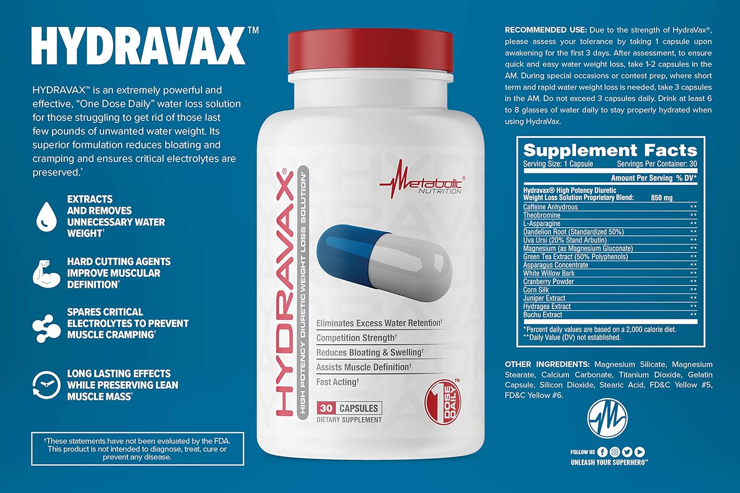 Metabolic Nutrition Hydravax Diuretic Water Pills - Natural & Safe for Water Retention - Dandelion, Magnesium, Green Tea, Cranberry - 30 Capsules