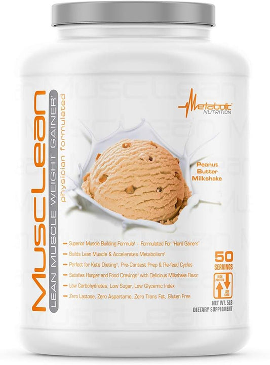 Metabolic Nutrition Musclean Milkshake: High Protein Meal Replacement with Digestive Enzymes, Peanut Butter Flavor, 5 lb (50 serv)