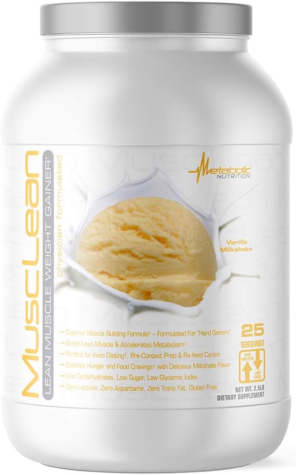 Metabolic Nutrition Musclean Milkshake Weight Gainer Vanilla 2.5 Pound - High Protein Meal Replacement with Digestive Enzymes for Keto Diet