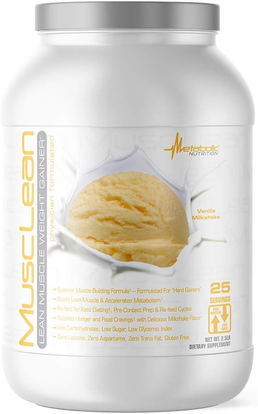 Metabolic Nutrition Musclean Milkshake Weight Gainer Vanilla 2.5 Pound - High Protein Meal Replacement with Digestive Enzymes for Keto Diet