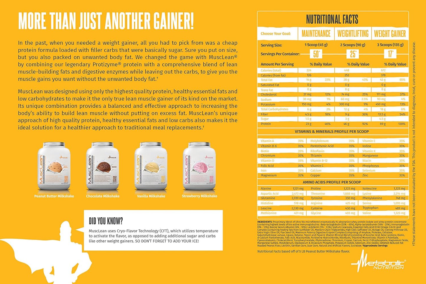 Metabolic Nutrition Musclean Milkshake Weight Gainer Vanilla 2.5 Pound - High Protein Meal Replacement with Digestive Enzymes for Keto Diet