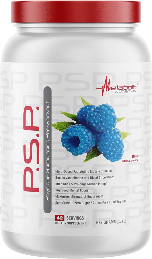 Metabolic Nutrition P.S.P. Blue Raspberry PreWorkout 672g - Sugar-Free & Caffeine-Free Formula for Physique Stimulation