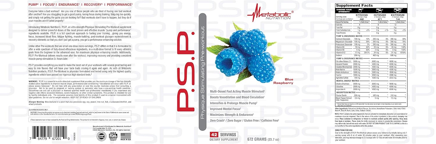 Metabolic Nutrition P.S.P. Blue Raspberry PreWorkout 672g - Sugar-Free & Caffeine-Free Formula for Physique Stimulation