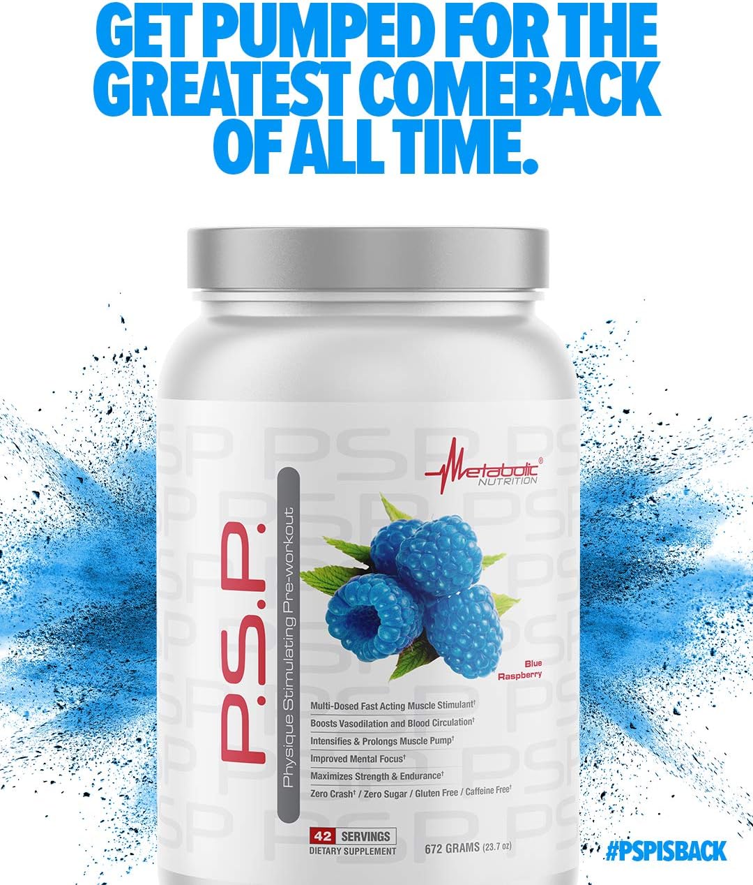 Metabolic Nutrition P.S.P. Blue Raspberry PreWorkout 672g - Sugar-Free & Caffeine-Free Formula for Physique Stimulation