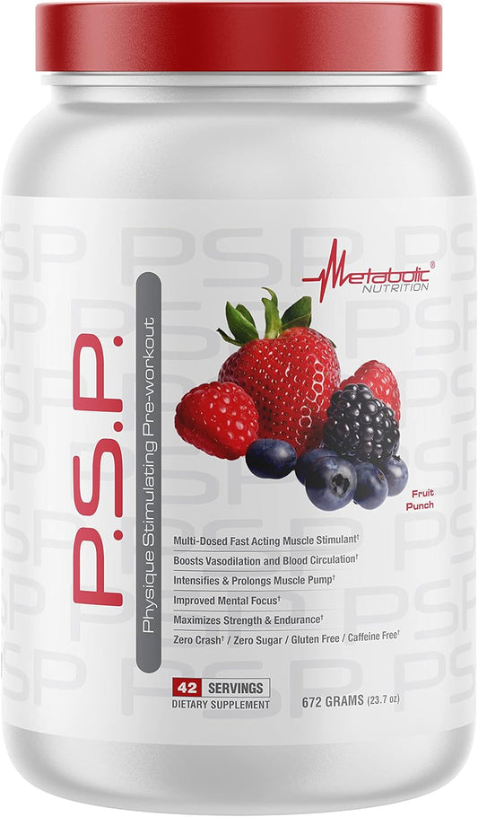 Metabolic Nutrition P.S.P. Fruit Punch PreWorkout - 672g, Zero Sugar, Caffeine Free, Physique Stimulating Formula