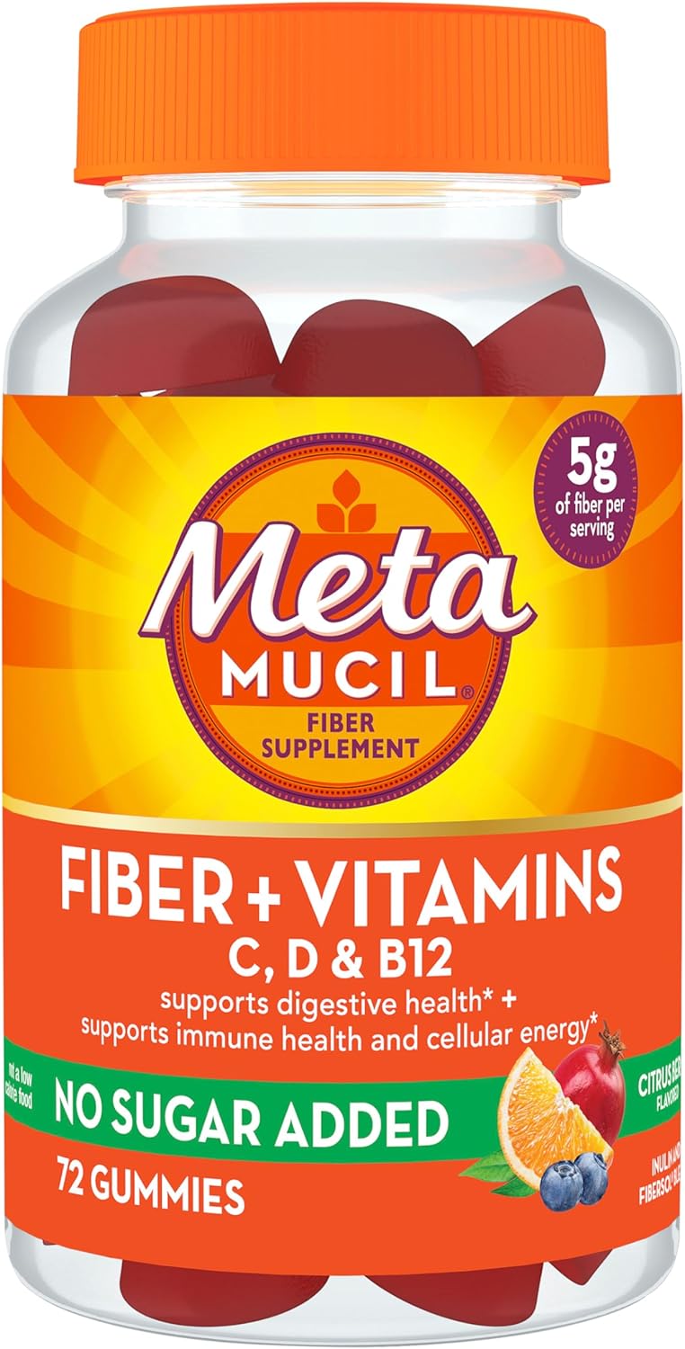 Metamucil Fiber Gummies with Vitamins C, D, & B12 - Citrus Berry Flavor, 72 Count - Digestive & Immune Support, No Added Sugar