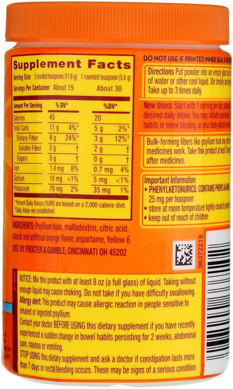 Metamucil Multihealth Fiber Powder, Doctor Recommended, 100% Natural Psyllium Husk, Sugar Free - Orange Flavor, 3 Pack