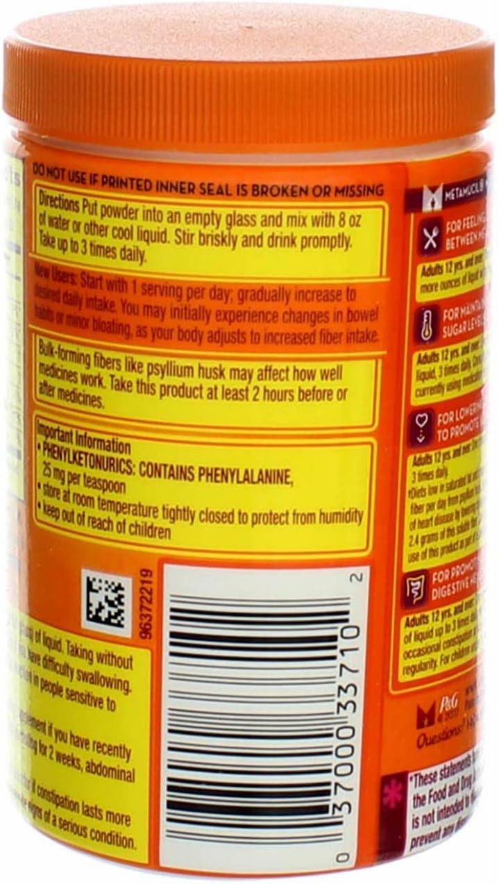 Metamucil Multihealth Fiber Powder, Doctor Recommended, 100% Natural Psyllium Husk, Sugar Free - Orange Flavor, 3 Pack
