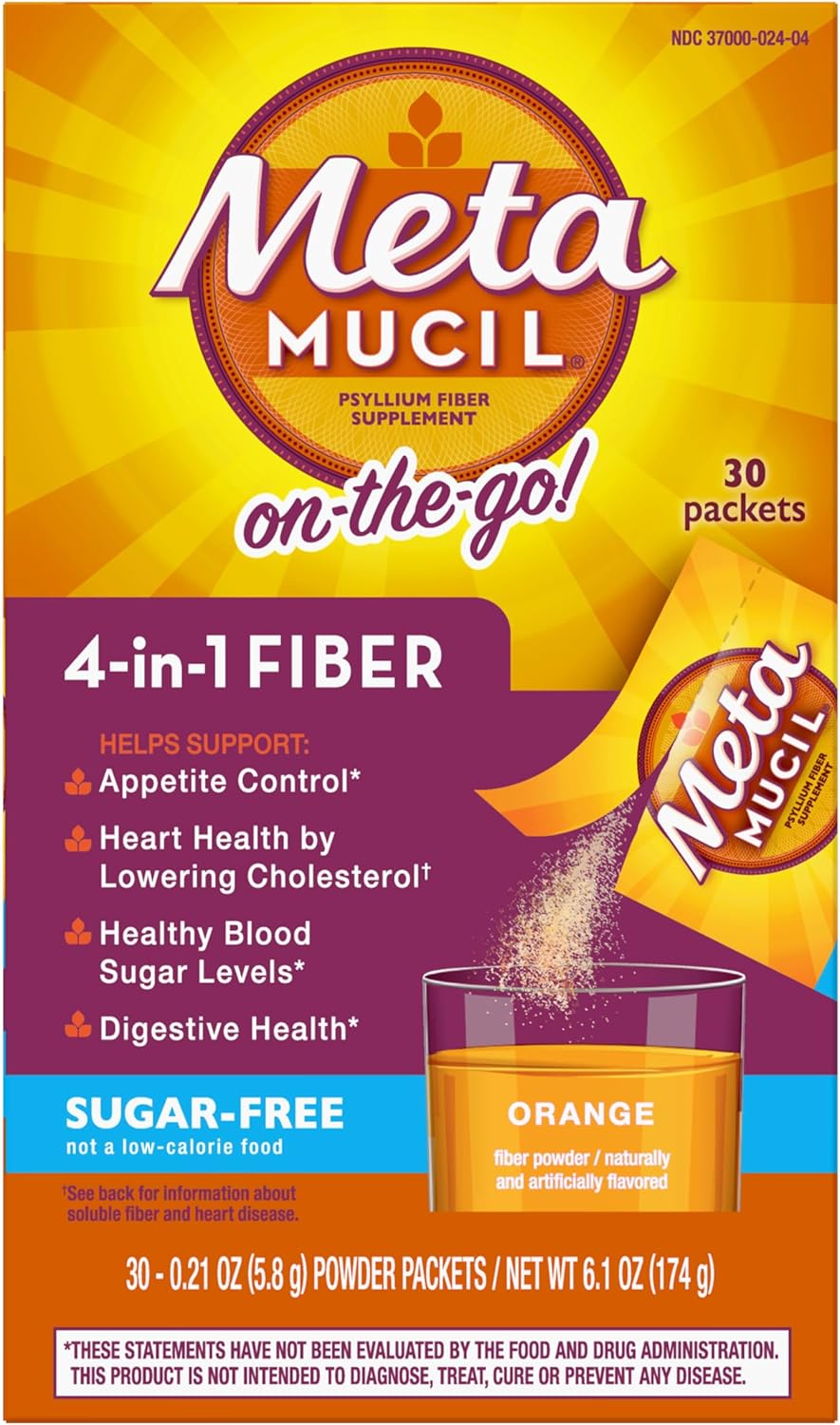 Metamucil On-The-Go Psyllium Husk Fiber Supplement, Orange Flavor, Sugar-Free - 60 Count Total, 2 Packs
