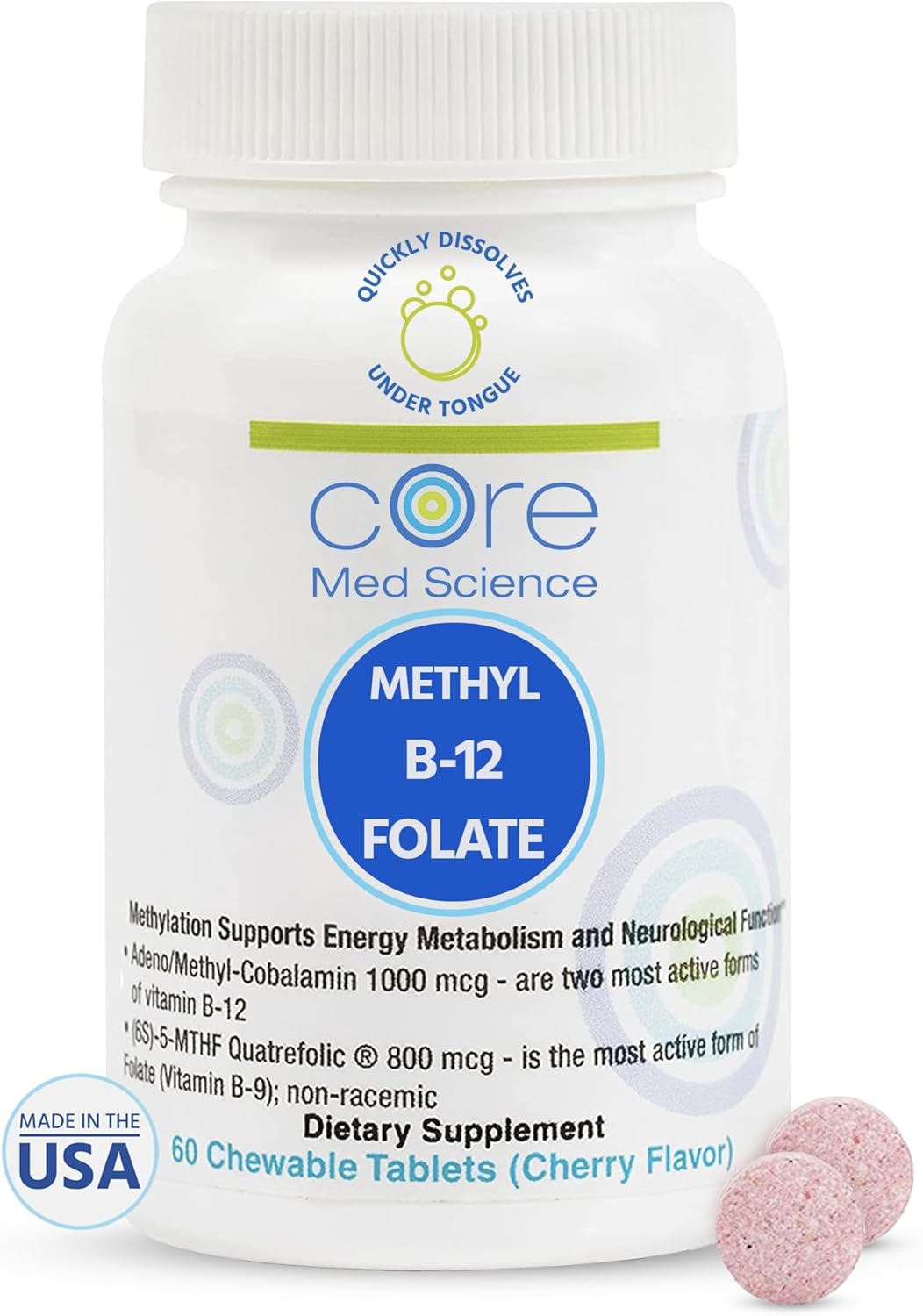 Methyl B12 Folate Supplement for Mood, Heart & Cognitive Health - 5-MTHF Pills for Men & Women - 60 Count