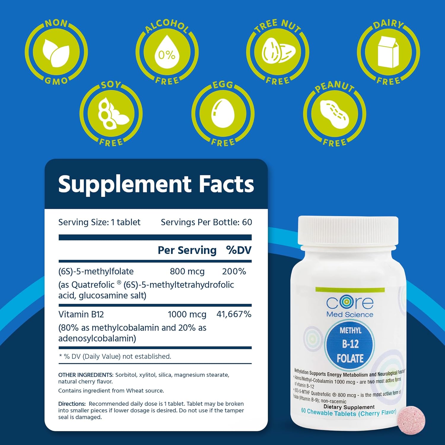 Methyl B12 Folate Supplement for Mood, Heart & Cognitive Health - 5-MTHF Pills for Men & Women - 60 Count