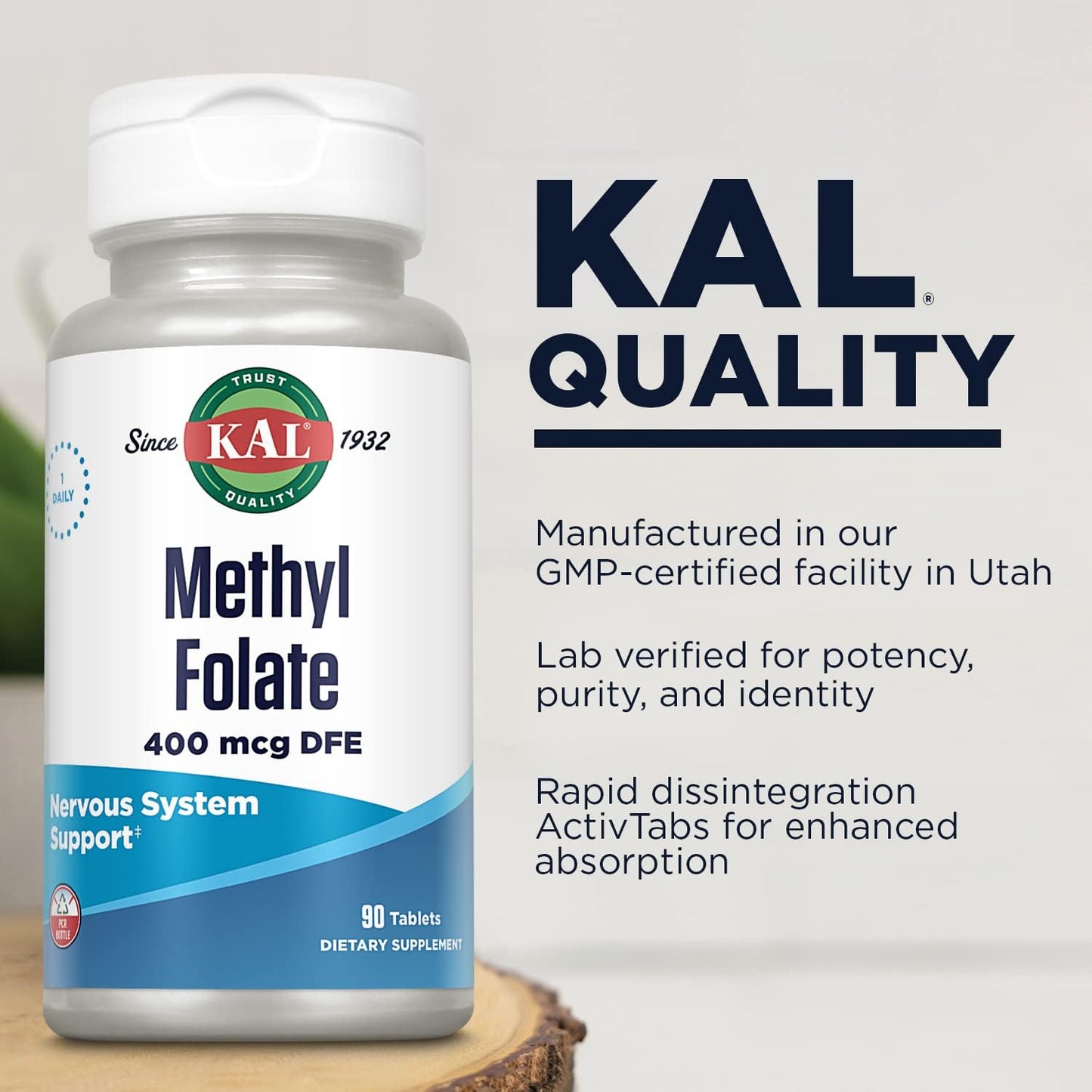 Methyl Folate 400 mcg DFE, 5-MTHF Active Form Vitamin B9 Supplement for Heart Health, Prenatal, Mood & Brain Support - 90 Tablets