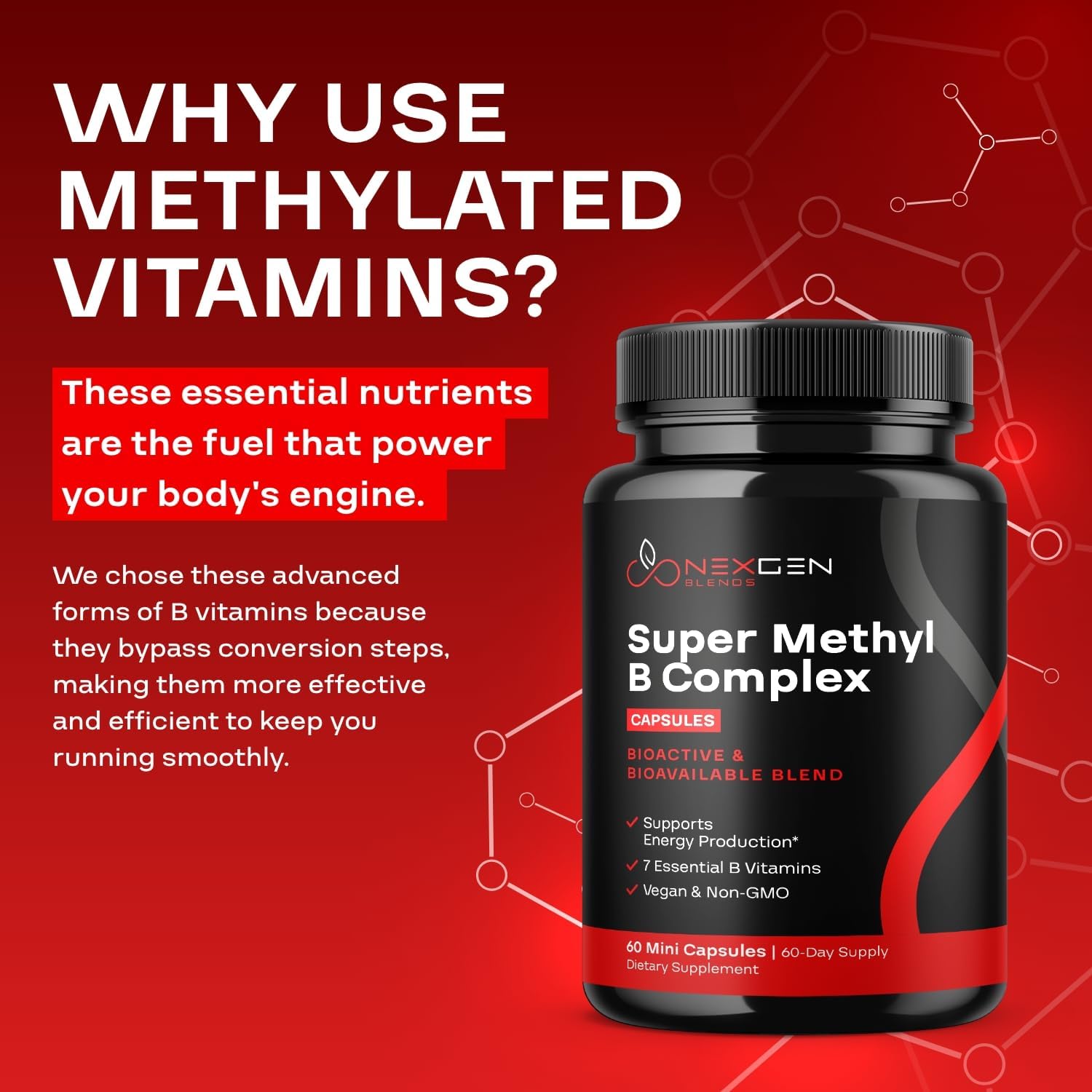 Methylated B Complex Vitamin Supplement with Bioactive Methyl Folate & B12 - Supports Brain, Heart, Energy, & Homocysteine - 60 Capsules