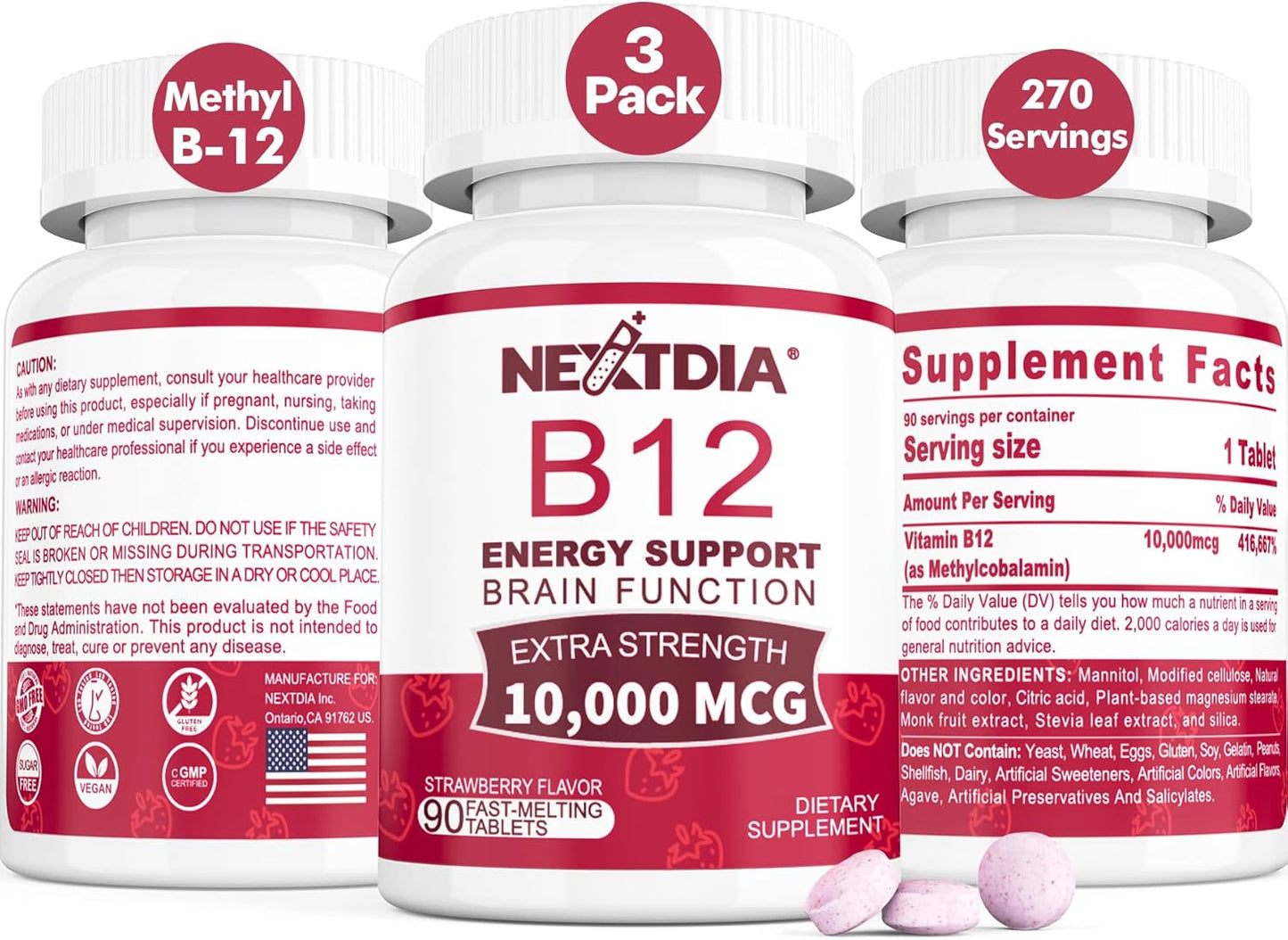 Methylated Vitamin B12 Sublingual 10,000 mcg - Energy & Brain Health Support - Fast Dissolve Strawberry Flavor - 270 Servings