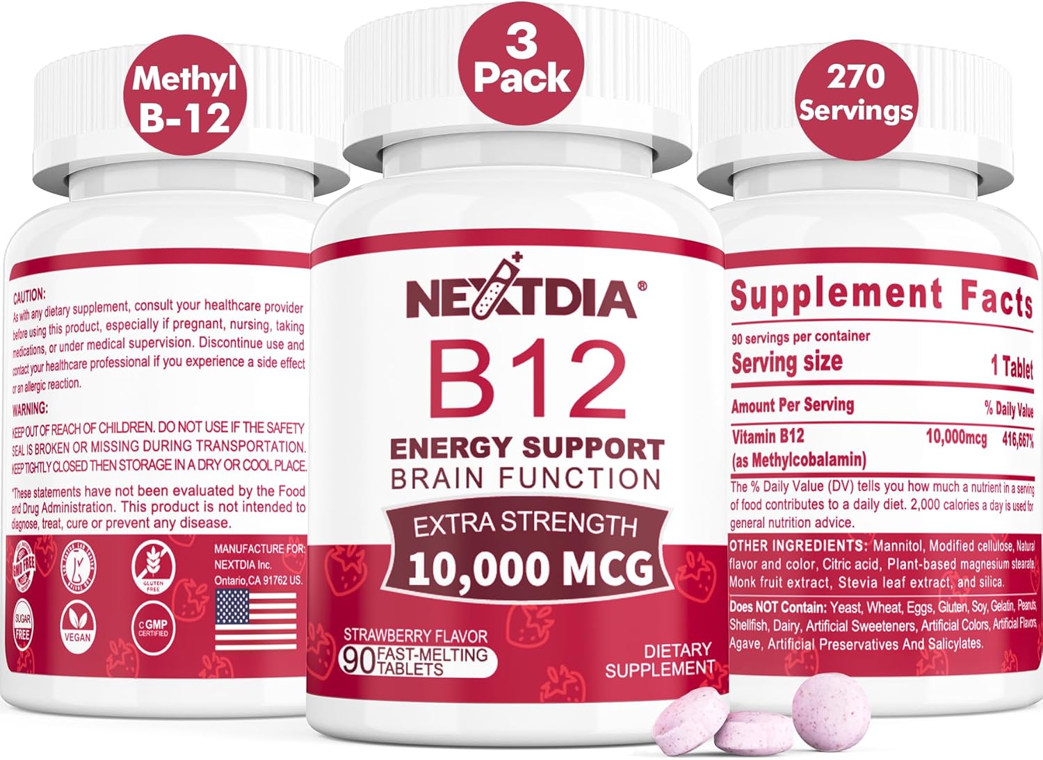 Methylated Vitamin B12 Sublingual 10,000 mcg - Energy & Brain Health Support - Fast Dissolve Strawberry Flavor - 270 Servings