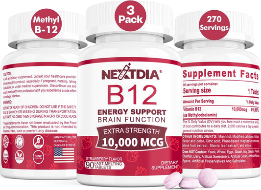 Methylated Vitamin B12 Sublingual 10,000 mcg - Energy & Brain Health Support - Fast Dissolve Strawberry Flavor - 270 Servings
